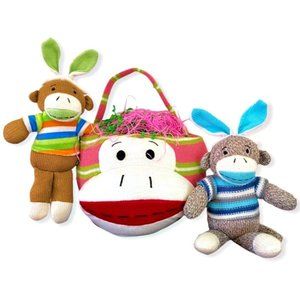 3 PC Dan Dee Bunny Sock Monkey Lot: Easter Basket - 2 Sock Monkeys Blue & Green